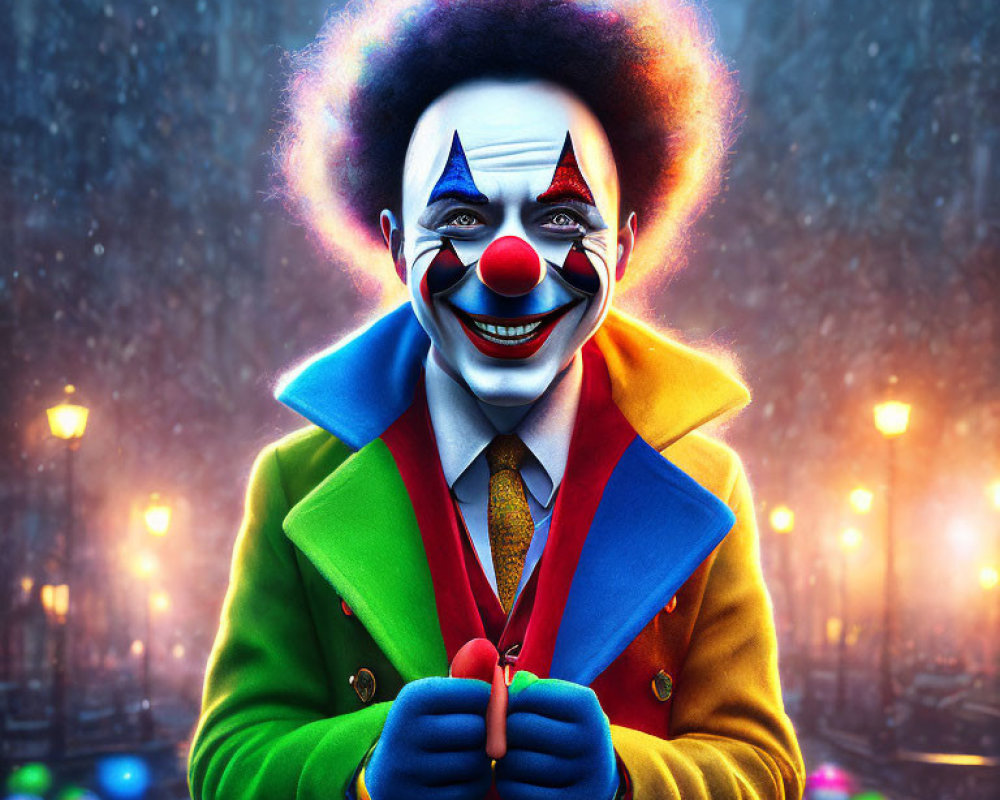 Colorful Smiling Clown in Snowy Scene