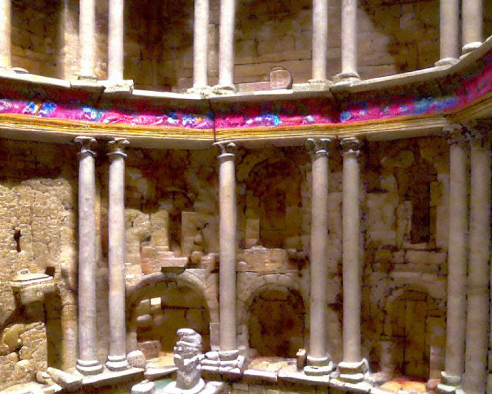 Miniature Roman amphitheater model with columns and central arena.