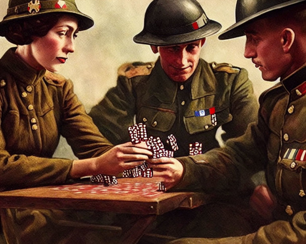 Vintage military personnel playing cards in warm-colored setting.