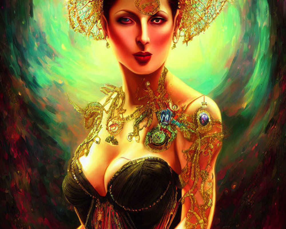 Colorful digital artwork: Woman with gold headdress and jewelry on swirling background