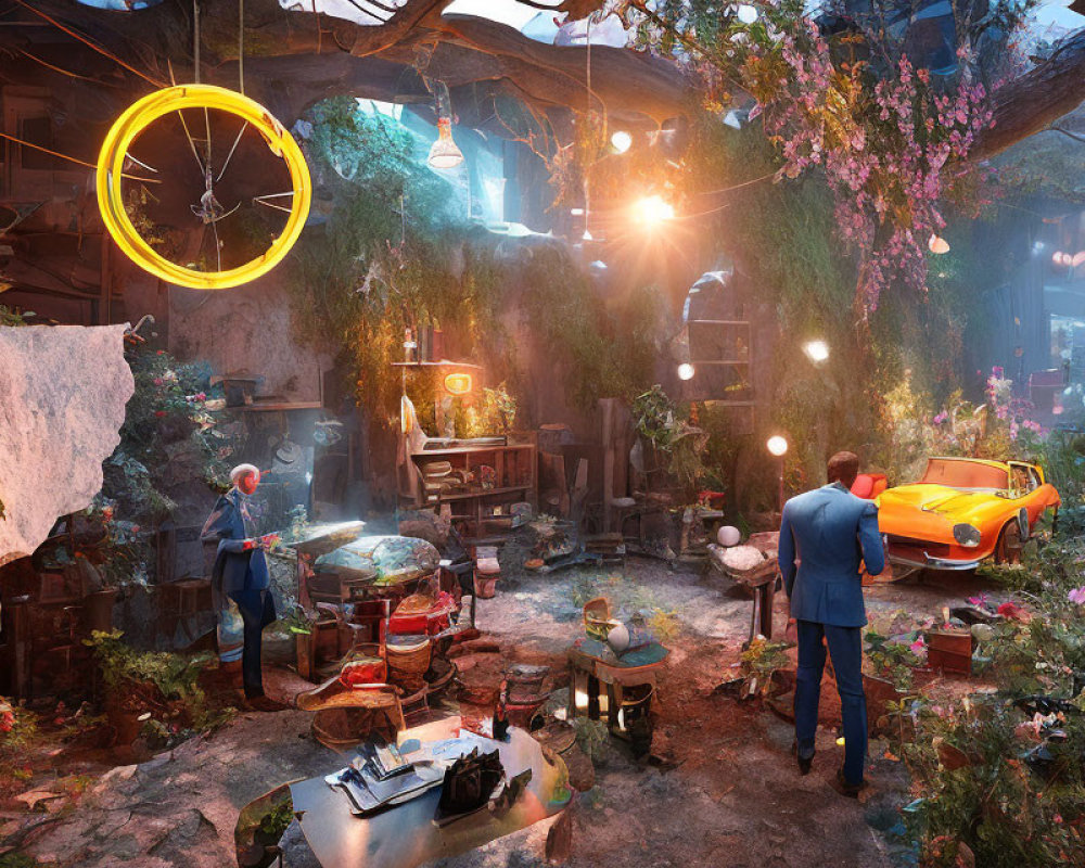 Eclectic underground workshop with vintage car, hanging plants, and glowing lights