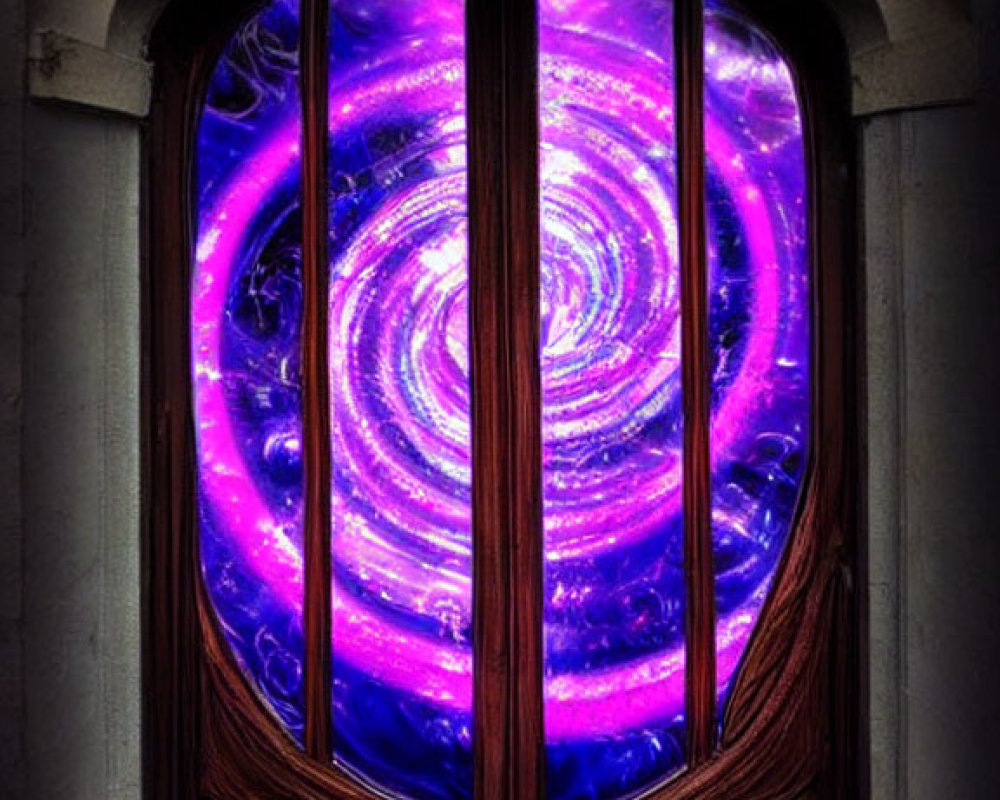 Colorful Cosmic Vortex Shining Through Arched Wooden Door