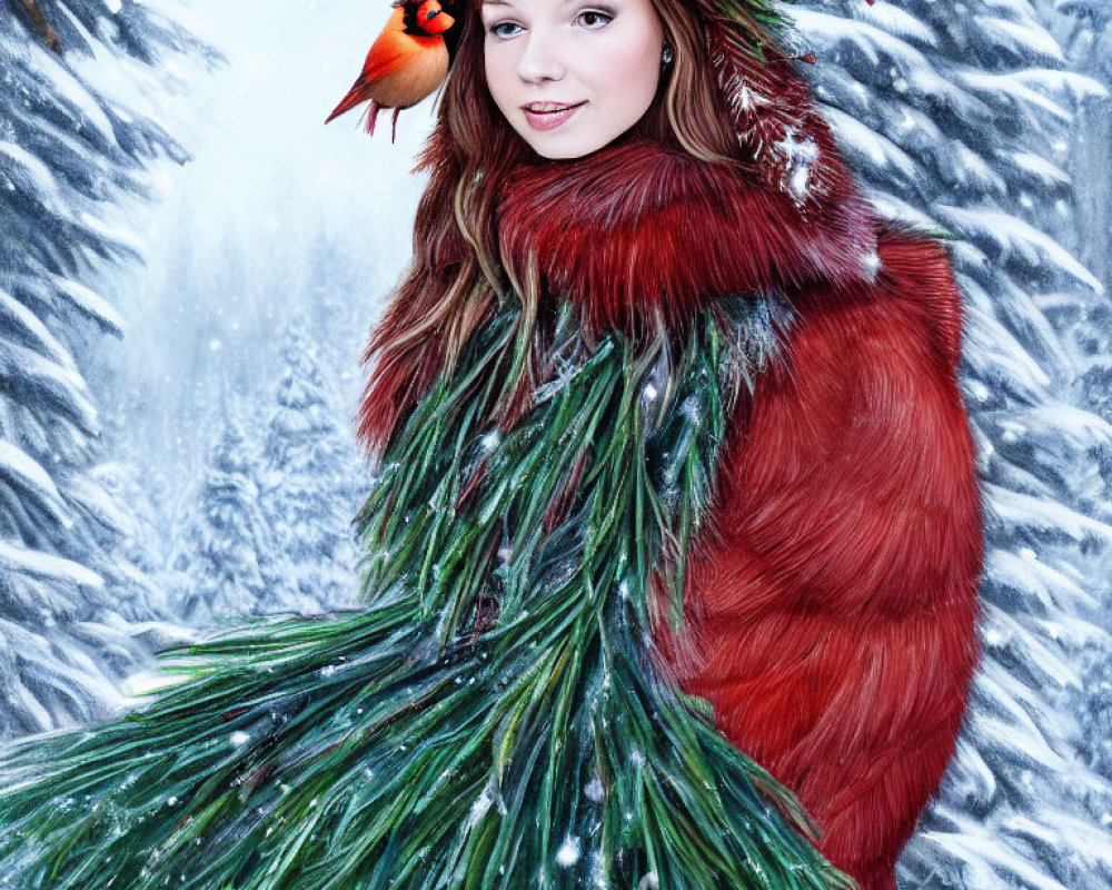 Woman in red fur cloak with cardinal in snowy pine forest