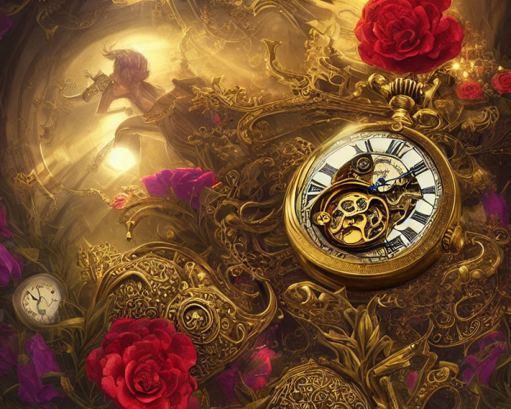 Golden pocket watch with roses and intricate designs in luminescent setting