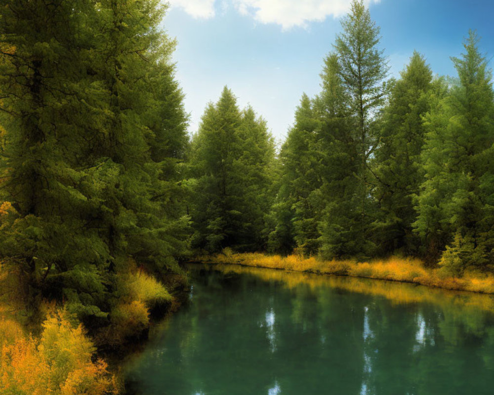 Serene Forest Landscape with Green Trees and Blue River