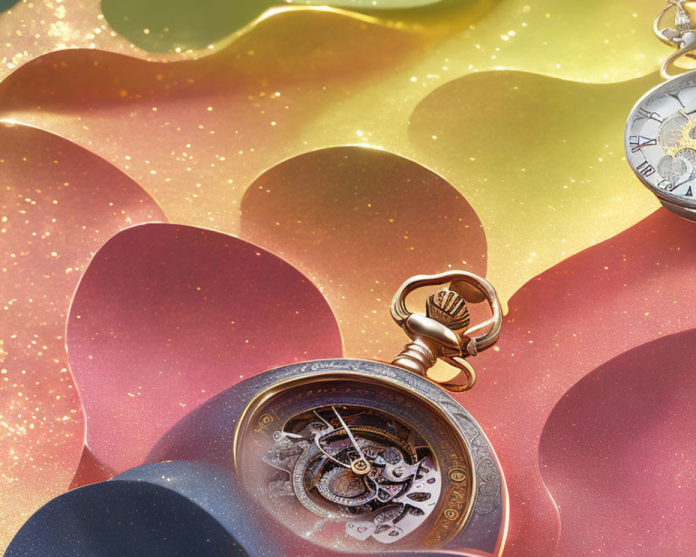 Colorful Heart-Patterned Background with Open Pocket Watch and Gears