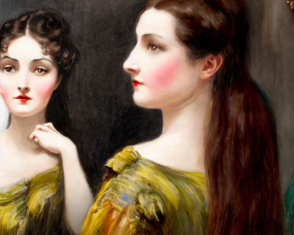 Two Women in Yellow Dresses with Rosy Cheeks and Dark Hair in Classical Painting Style