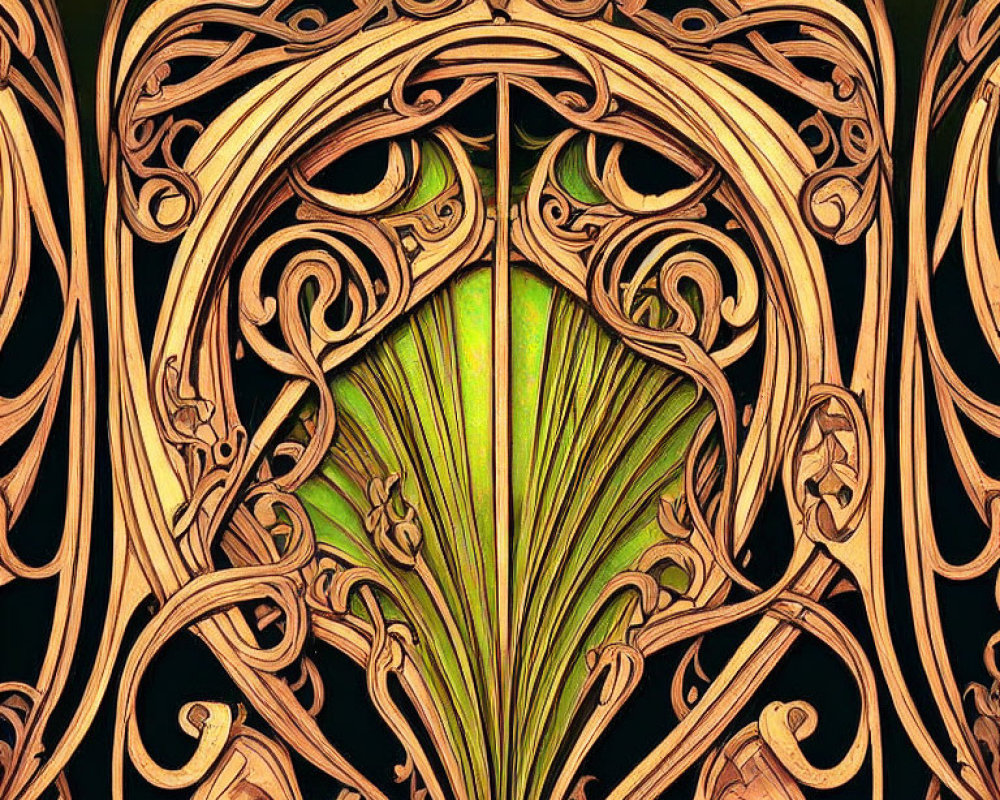 Intricate Art Nouveau-style golden pattern on dark background