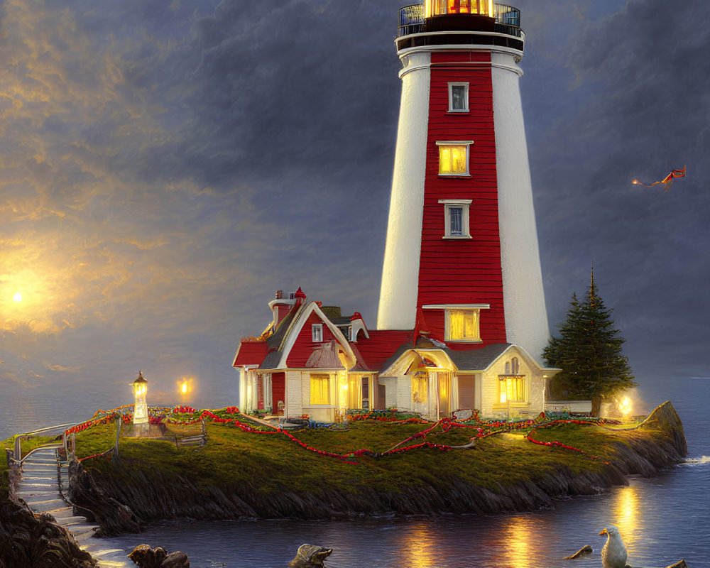 Majestic red and white lighthouse on cliff at dusk with glowing beacon and warm windows