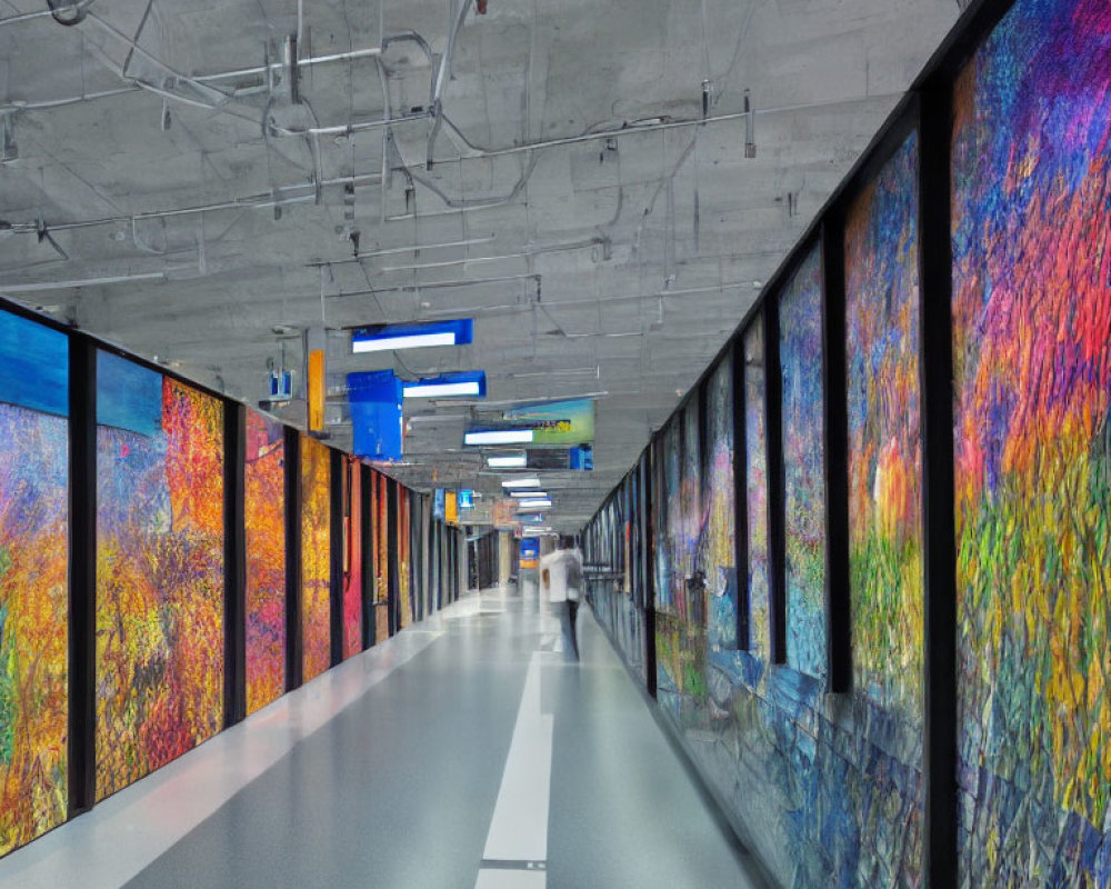 Vibrant digital art displays in modern corridor