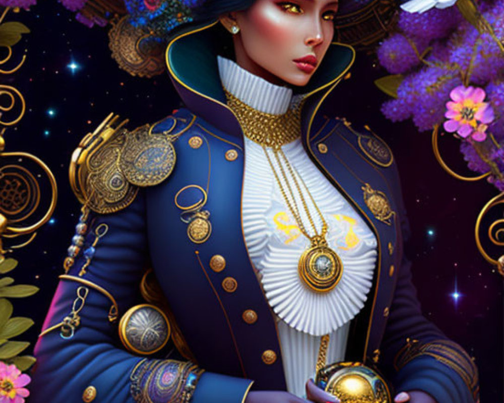 Historical military uniform with floral and celestial motifs and golden accessories.