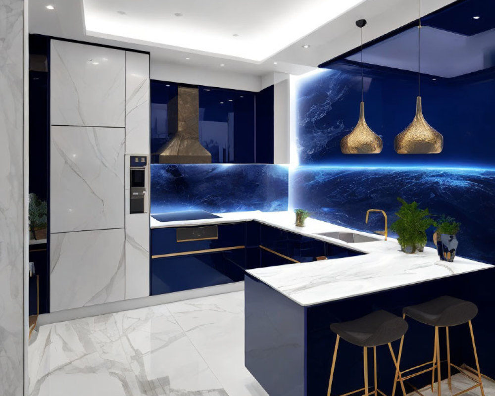 Stylish kitchen with marble floors, white countertops, blue backsplash, gold pendant lights, and