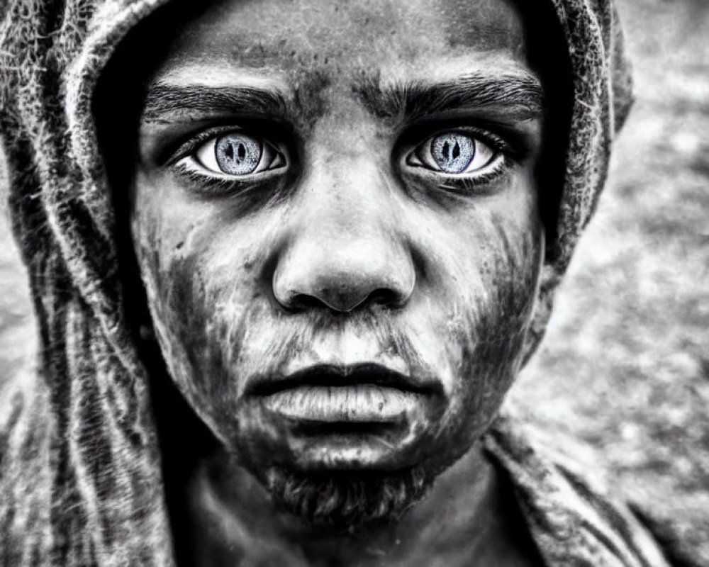 Child with Striking Blue Eyes in Hoodie, Black and White Close-Up