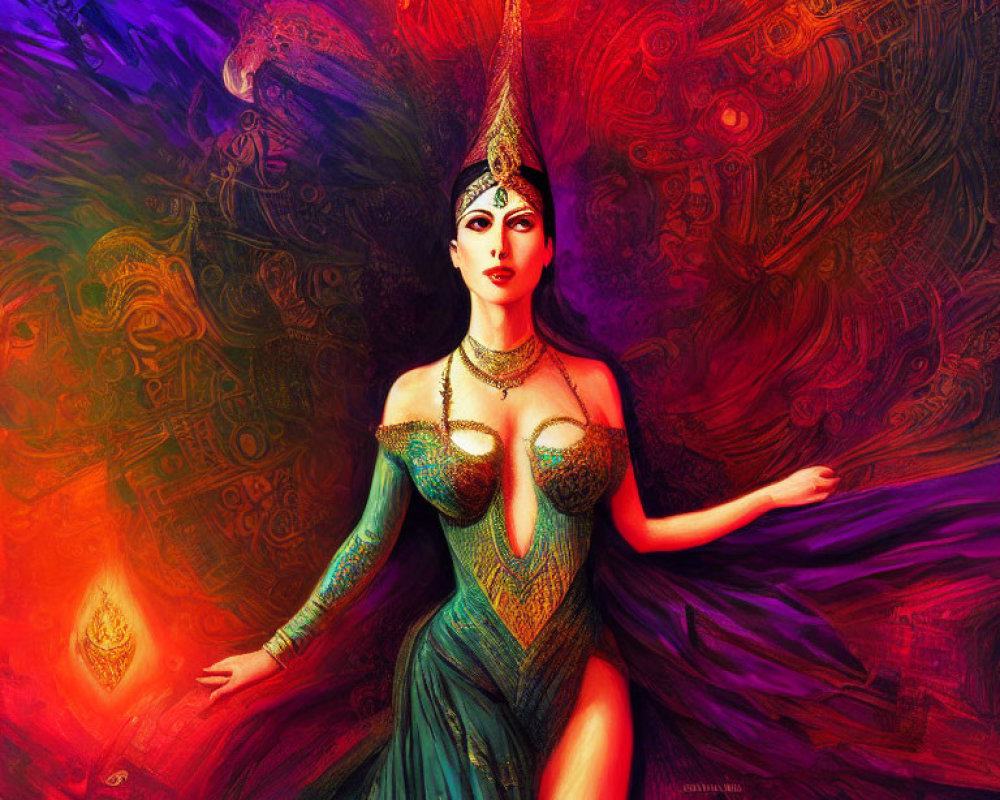 Colorful Artistic Image: Woman in Exotic Attire on Abstract Swirling Background