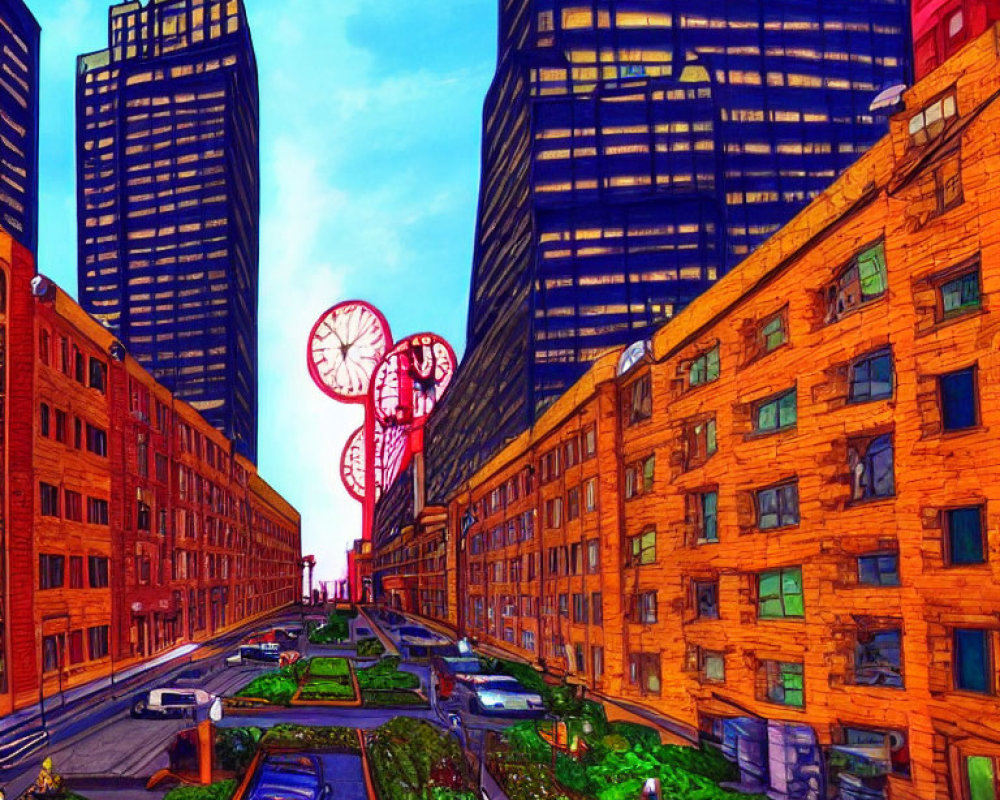 Colorful cityscape with red Ferris wheel under blue sky