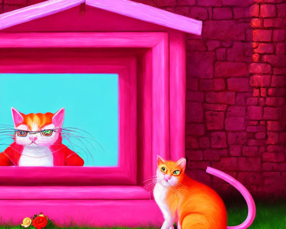 Colorful Illustration: Orange Cat, Pink Doghouse, Cat with Glasses on Brick Wall