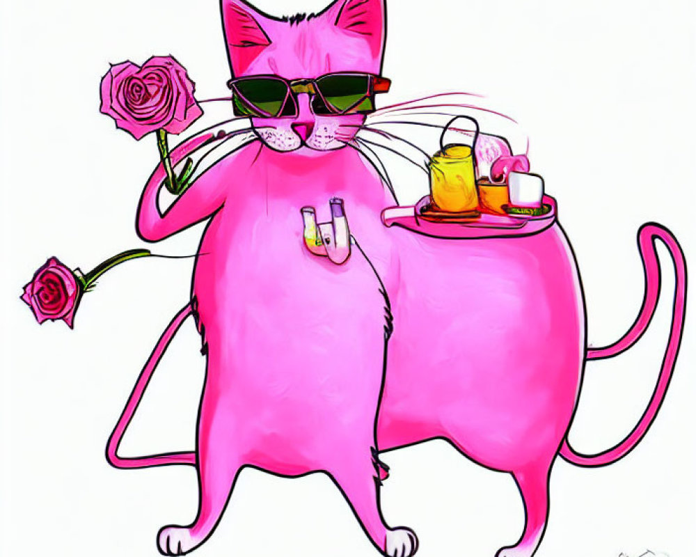 Stylized pink cat with sunglasses holding a rose and tea cup