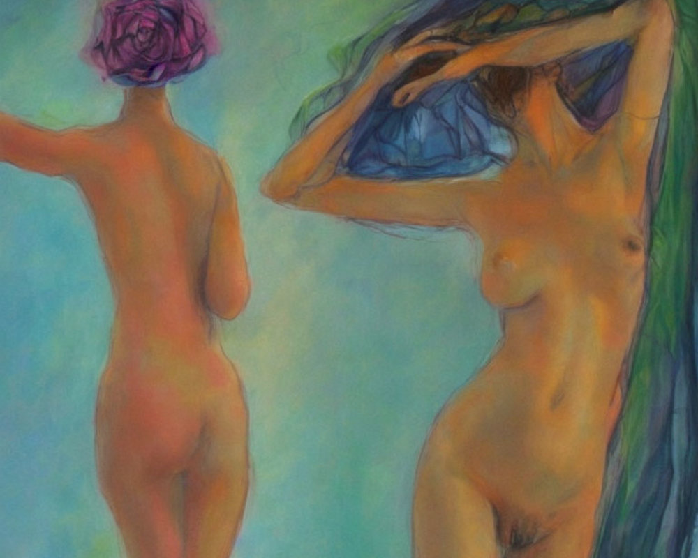 Impressionistic painting of two nude figures in dreamy backdrop