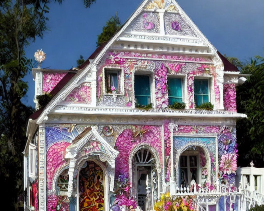 Colorful ornate house with pink and purple flowers and white picket fence