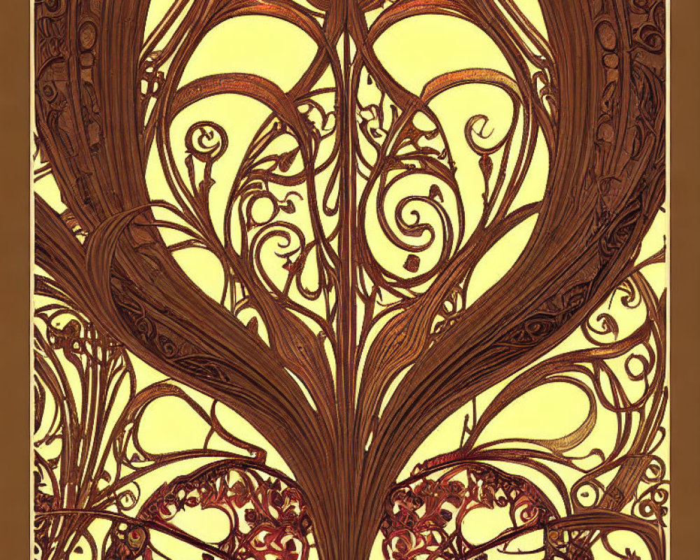 Symmetrical sepia tree pattern with ornate swirls in art nouveau style