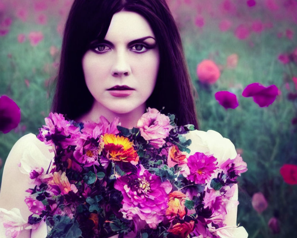 Dark-haired woman with makeup among vibrant purple flowers on blurred floral backdrop