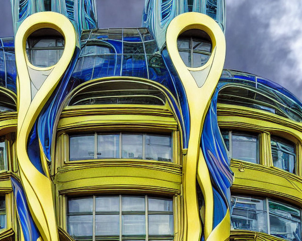 Modern architecture of Dancing House in Prague with undulating curves and blue & yellow colors.