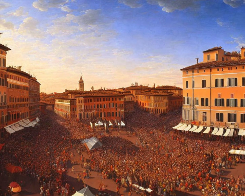 Crowded square with orange roofs and cloudy sky at public event.