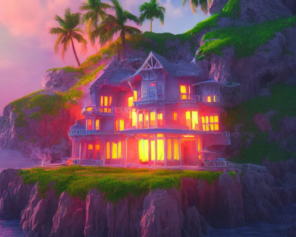 Colorful multi-storied house on rocky cliff at sunset