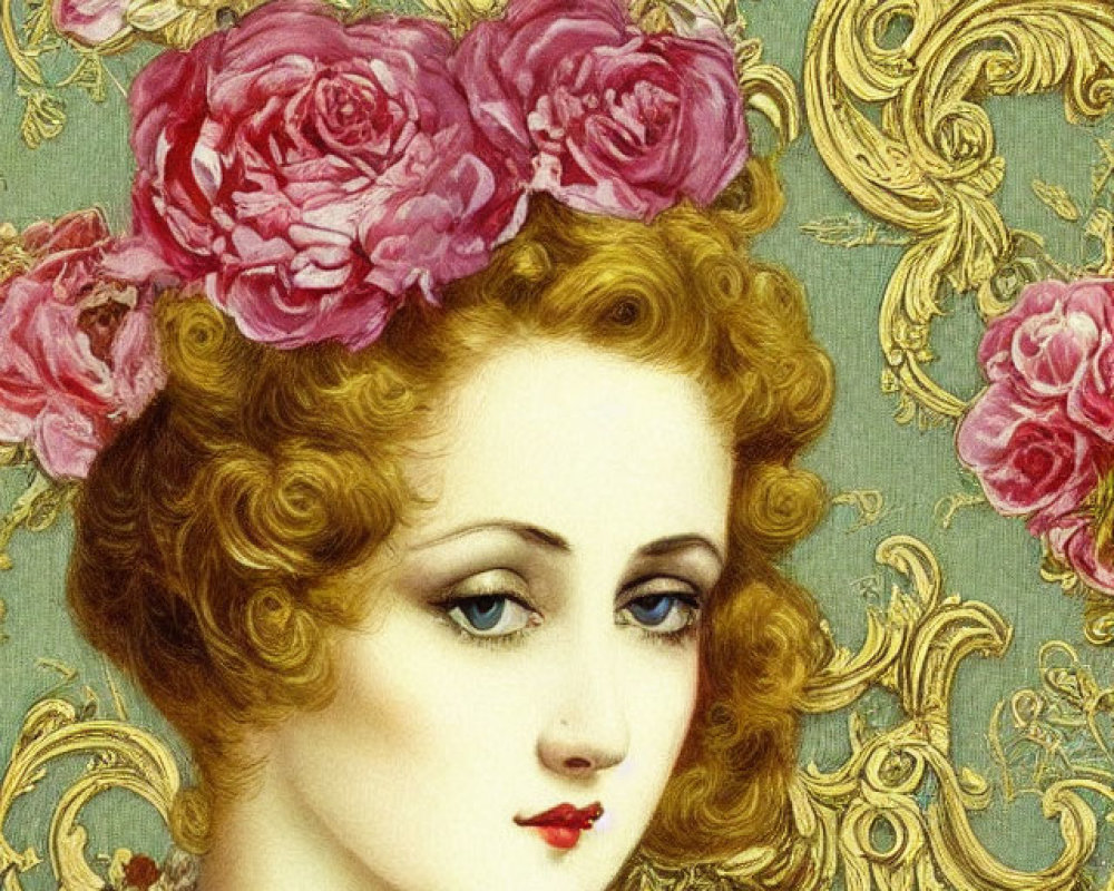 Vintage-Style Portrait of Woman with Curly Hair and Pink Roses