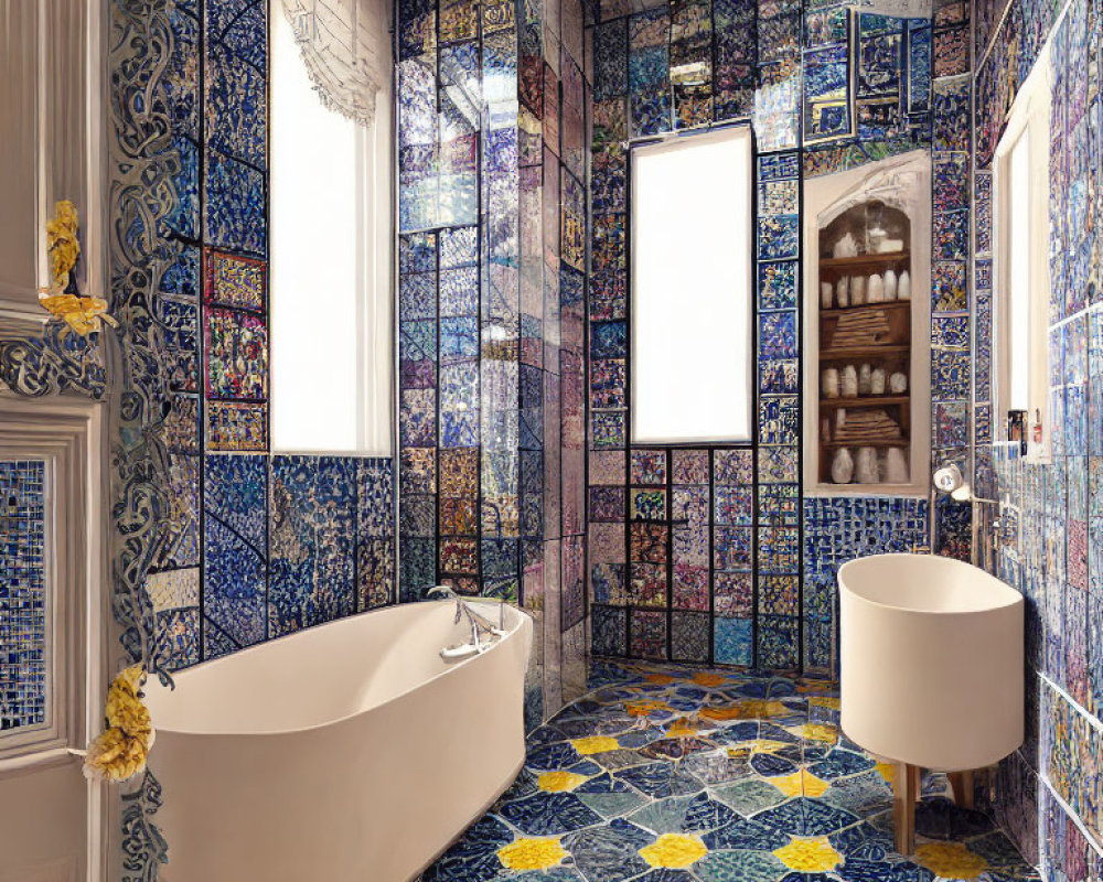 Blue Patterned Tile Bathroom with Freestanding Tub & Modern Basin