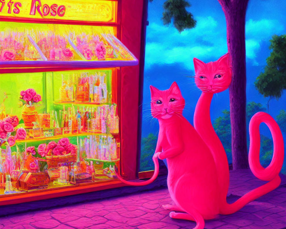 Vibrant pink cats outside colorful flower shop at dusk