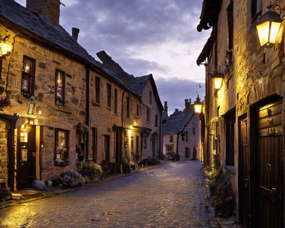 Quaint village cobblestone street at dusk with old stone houses and lanterns