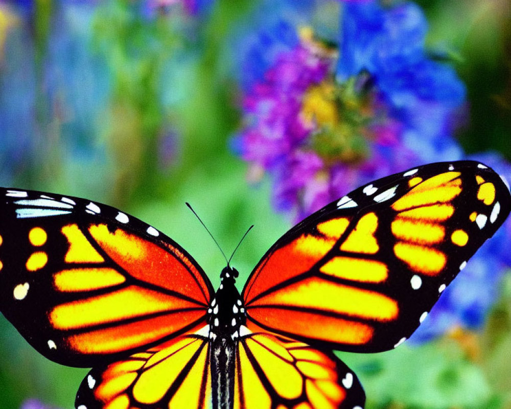 Colorful Monarch Butterfly on Blue and Purple Flower Background