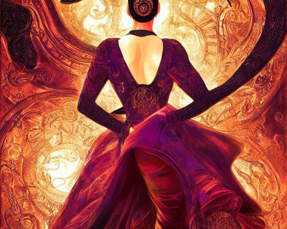 Woman in Maroon Dress with Low-Cut Back and Futuristic Headset among Golden Swirls