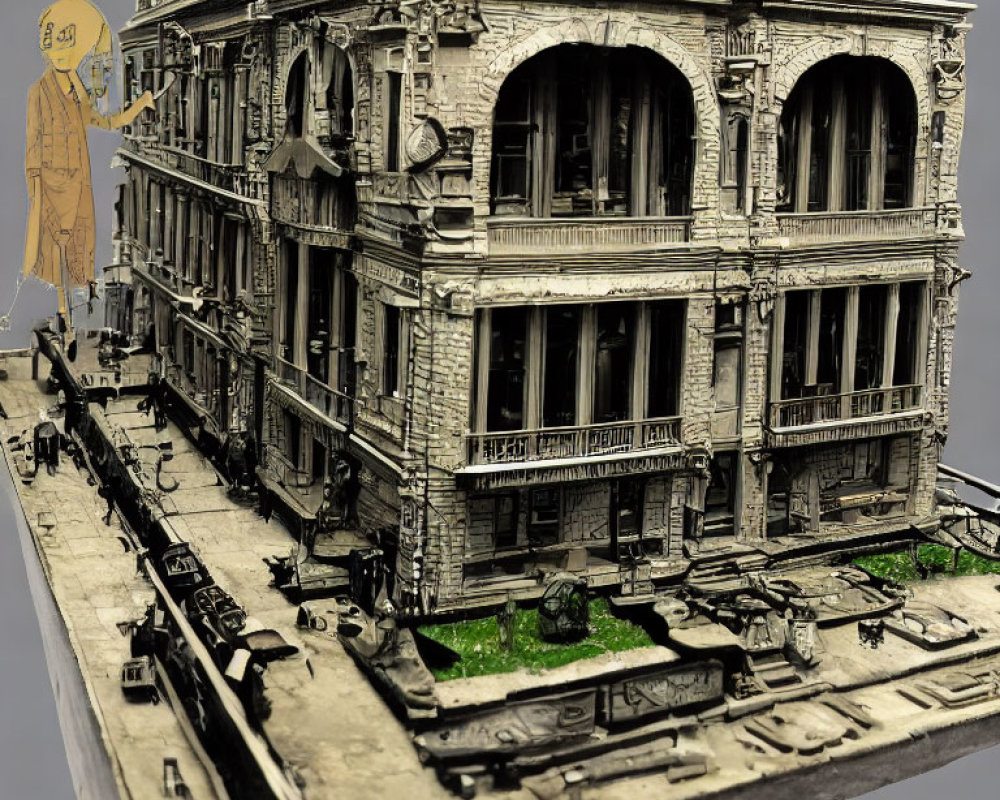 Detailed Scale Model of Classic Multi-Story Building with Street Elements on Gray Platform