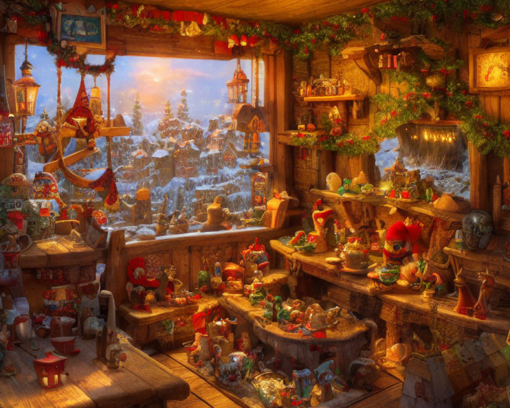 Festive interior with Christmas decorations and snowy view