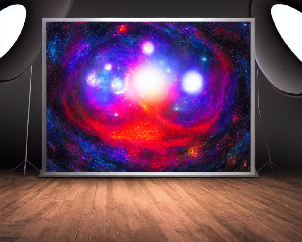 Vibrant galaxy image on large screen in dark room with stylish lamps