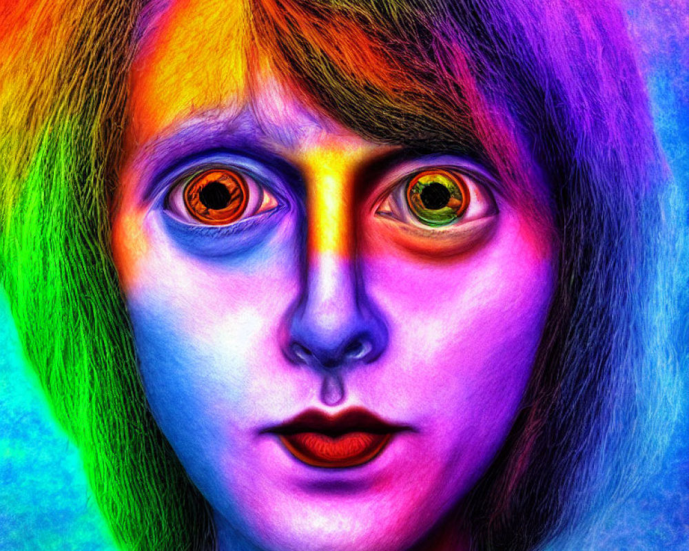 Colorful Face with Rainbow Hues and Intense Orange Eyes