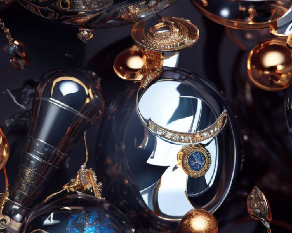 Intricate golden pocket watches and compasses among light and dark bulbs