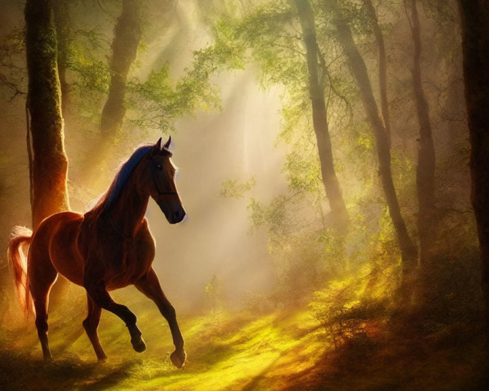 Brown horse galloping in sunlit forest with light beams