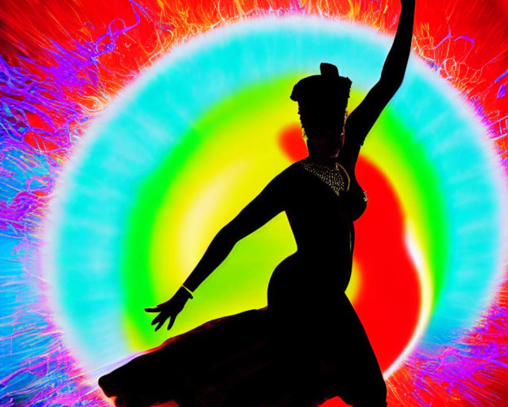 Vibrant neon colors silhouette dancer in motion