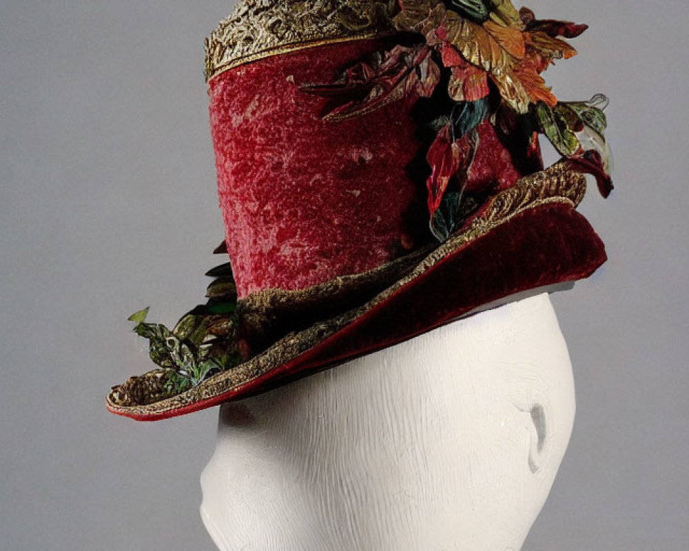 Red Vintage-Style Top Hat with Lace, Ribbon, Leaves, and Flowers on Mannequin