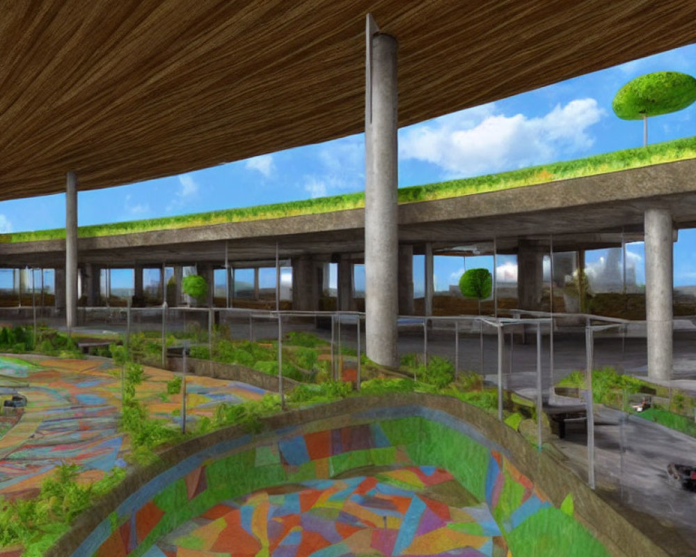 Modern multi-level urban space with green roofs, colorful mosaic floor, and highway.