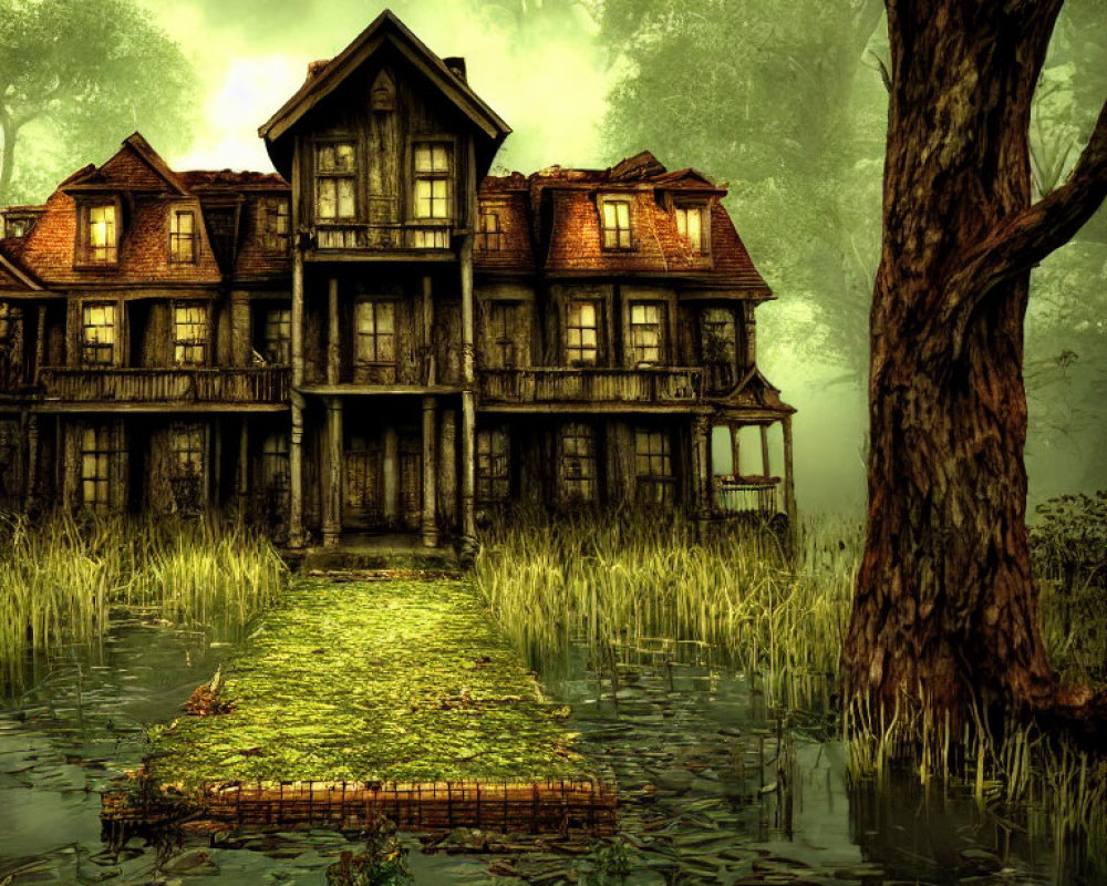 Desolate mansion in swampy forest with moss-covered pathway