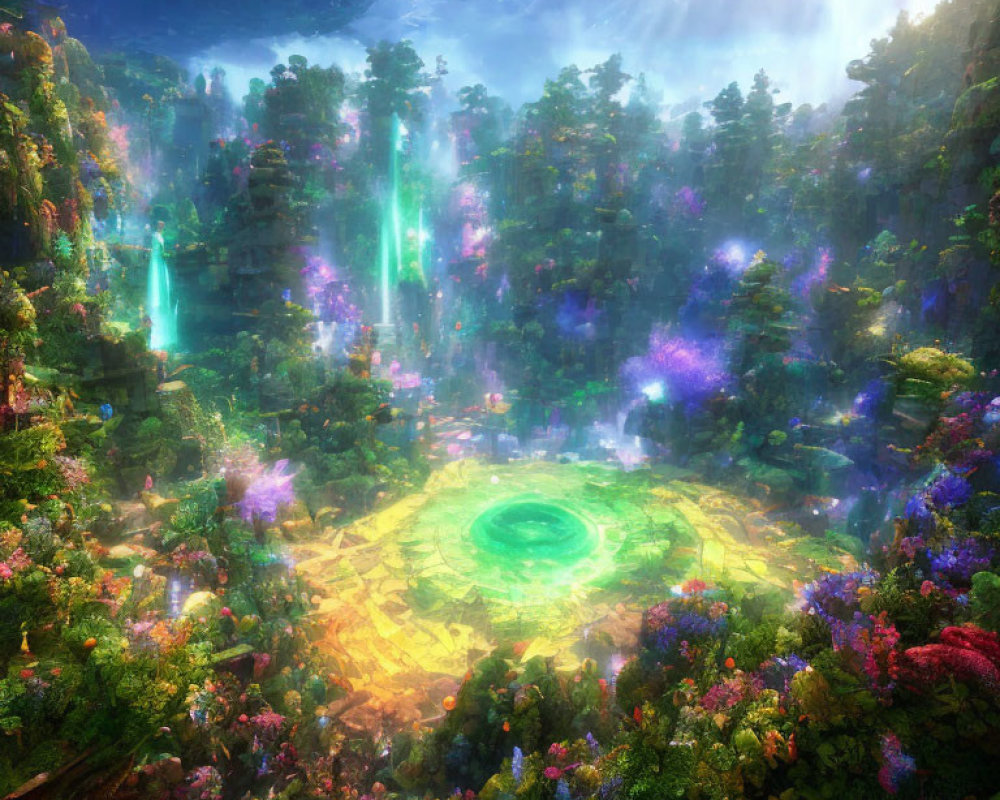 Enchanting mystical forest with glowing circle and lush foliage