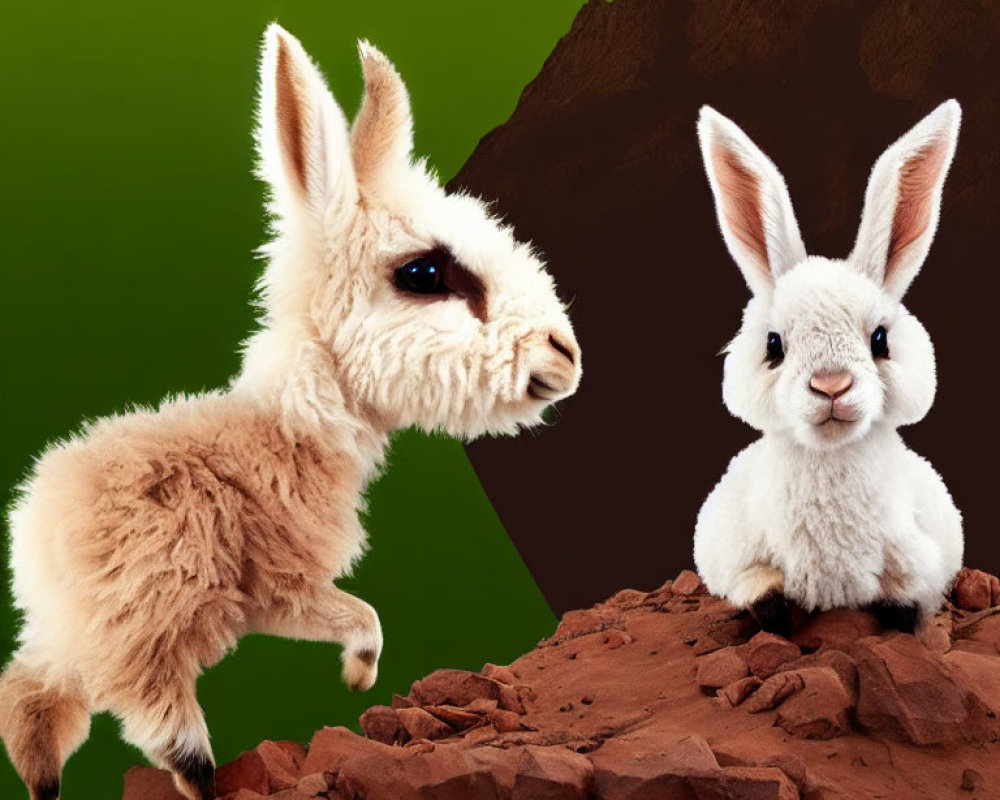 Stylized llama and rabbit plush figures on two-tone background