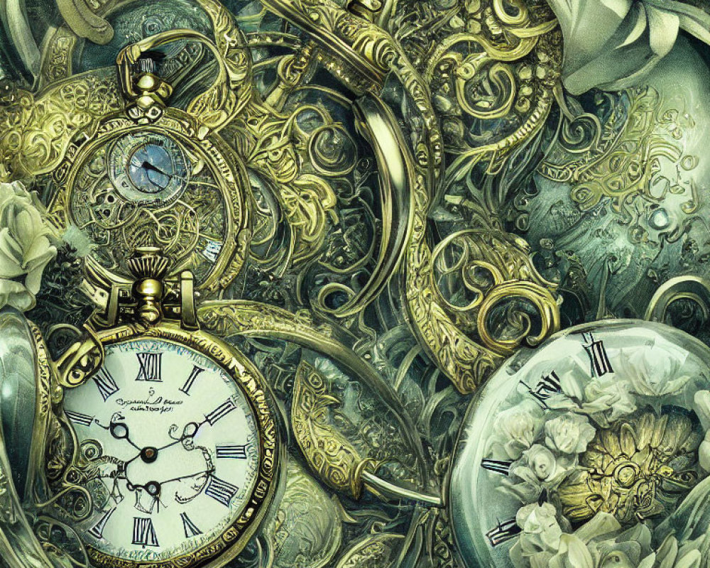 Detailed Steampunk Illustration with Gears, Watches, and Florals