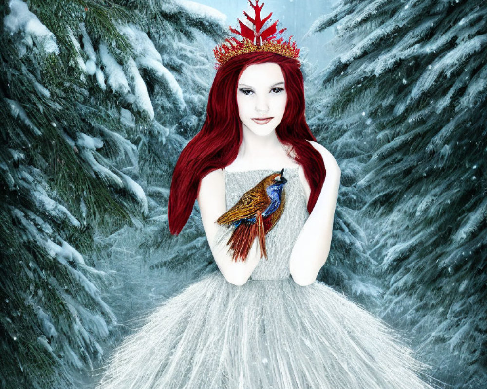 Red-haired woman with crown holding bird in snowy forest scene