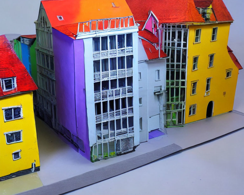 Vibrant 3D paper model of urban street with colorful buildings