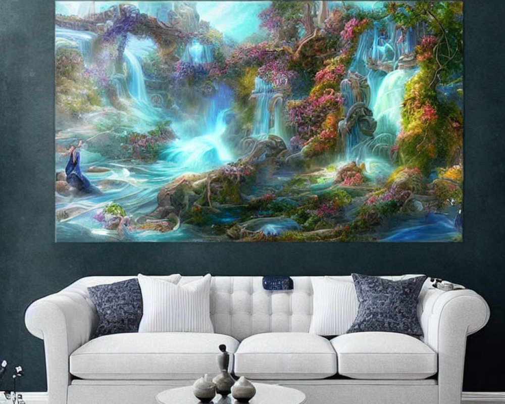 Fantastical landscape canvas print above white couch